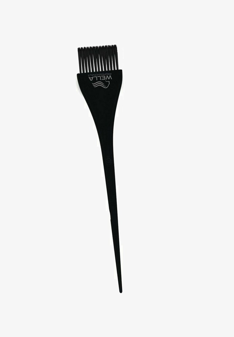 Zwarte haarverfkwast met een brede platte punt en fijne tanden voor een nauwkeurige applicatie, met een lange puntige handvat voor een gemakkelijke grip.