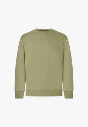 Einfaches olivgrünes Sweatshirt mit Rundhalsausschnitt und langen Ärmeln, gerippten Bündchen und Saum sowie einem kleinen, gestickten Detail auf der linken Brust.