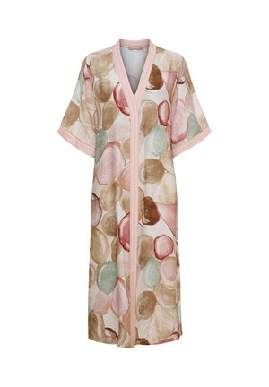Lang kimono med åben front og brede ærmer, med abstrakte cirkelmønstre i pastel pink, beige, grønne og brune nuancer.