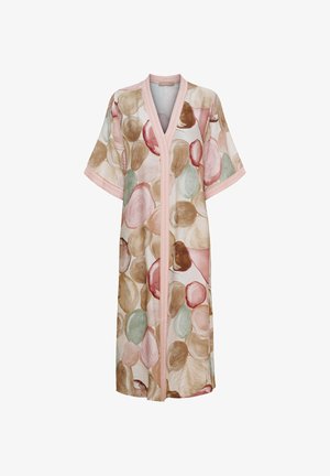 Lang kimono med åben front og brede ærmer, med abstrakte cirkelmønstre i pastel pink, beige, grønne og brune nuancer.