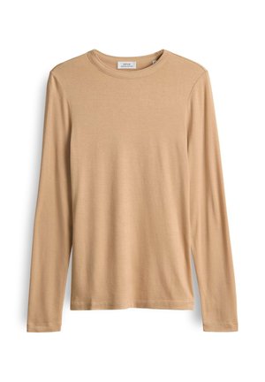Langärmliges T-Shirt mit Rundhalsausschnitt in Beige, aus weichem Stoff gefertigt. Es zeichnet sich durch ein minimalistisches Design ohne Muster oder Verzierungen aus.