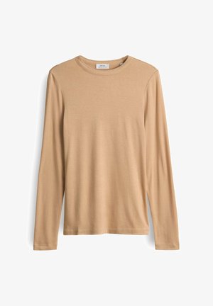 Langarm T-shirt met ronde hals in beige, gemaakt van zachte stof. Heeft een minimalistisch ontwerp zonder patronen of versieringen.