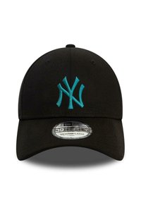 Black baseball cap with a curved brim; features teal embroidered New York logo; made of fabric with a smooth texture; fitted size medium-large.