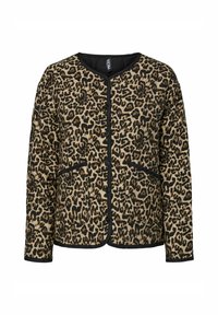 Leopardmönstrad jacka med beige bas, svarta detaljer, rund halsringning, knäppning fram och två sidofickor. Texturerad tyg.