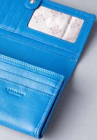 Blue leather wallet with textured finish, multiple card slots, a clear ID window, and stitched accents. Embossed "Lakeland Fine Leather" logo.
