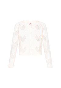 Cardigan bianco lavorato a maglia con un motivo testurizzato che presenta cuori e pois, maniche lunghe e chiusura con bottoni. Materiale in filato morbido.