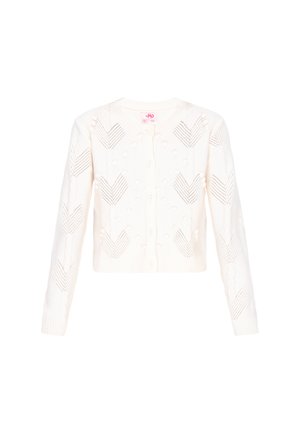 Biely pletený kardigán s textúrovaným vzorom, na ktorom sú srdcia a bodky, dlhé rukávy a zapínanie na gombíky. Mäkko tkanina z priadze.