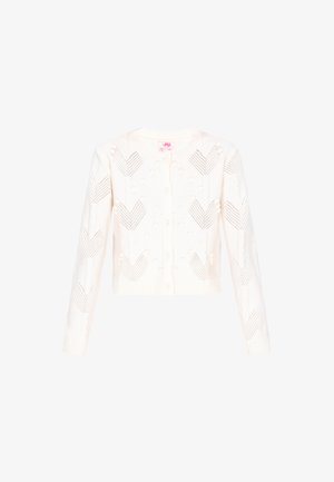 Biely pletený kardigán s textúrovaným vzorom, na ktorom sú srdcia a bodky, dlhé rukávy a zapínanie na gombíky. Mäkko tkanina z priadze.