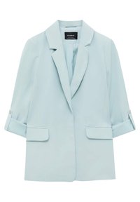Blazer bleu clair pour femme avec col à revers, manches trois-quarts avec pattes boutonnées et deux poches avant à rabat.