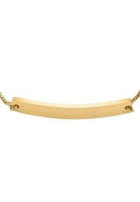 Collana in tonalità oro con pendente piatto e curvato, caratterizzato da una texture opaca, attaccato da due piccoli anelli a una delicata catena.