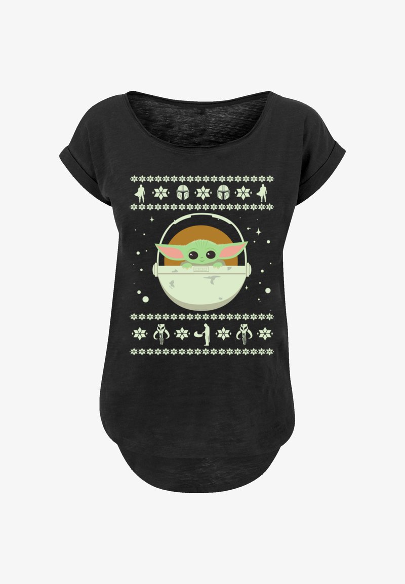 Black short-sleeve t-shirt featuring a large graphic of a character with green skin and ears, surrounded by light-colored festive patterns.