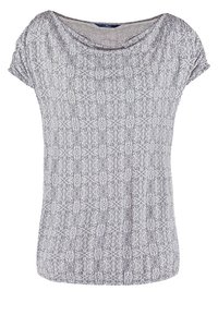 Haut pour femme à manches courtes avec un motif géométrique complexe gris clair et blanc et un large col rond.