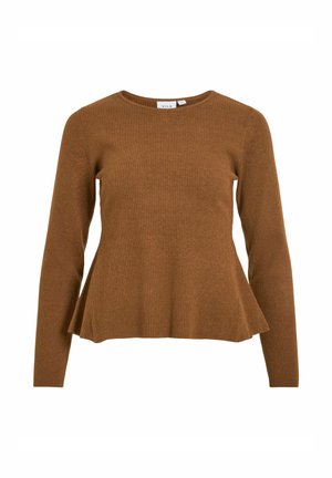 Maglione marrone a coste con maniche lunghe e orlo svasato. Presenta una scollatura rotonda e una texture morbida. Etichetta visibile al collo.