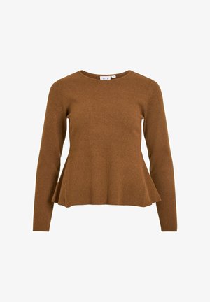 Maglione marrone a coste con maniche lunghe e orlo svasato. Presenta una scollatura rotonda e una texture morbida. Etichetta visibile al collo.