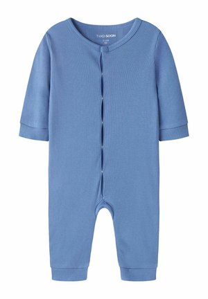 Combinaison bébé à manches longues en maille côtelée bleue avec des boutons-pression sur le devant et les jambes, adaptée aux âges de 2 à 4 mois.