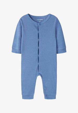 Tutina per neonati a maniche lunghe blu con motivo a coste, con chiusure a scatto sul davanti e sulle gambe, adatta per bambini da 2 a 4 mesi.