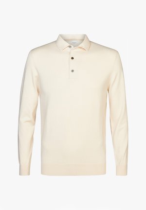 Polo a maniche lunghe in morbido cotone beige a maglia, con colletto, patta con tre bottoni e polsini e orlo a coste. Texture liscia.