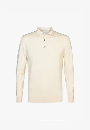 Langärmliges Polo aus weichem beigen Strickbaumwolle, mit einem Kragen, einer Drei-Knopf-Leiste und gerippten cuffs und Saum. Glatte Textur.