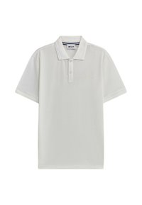 Polo shirt bianco in cotone con maniche corte, apertura a tre bottoni e un sottile logo sul petto. Tessuto liscio e design classico.