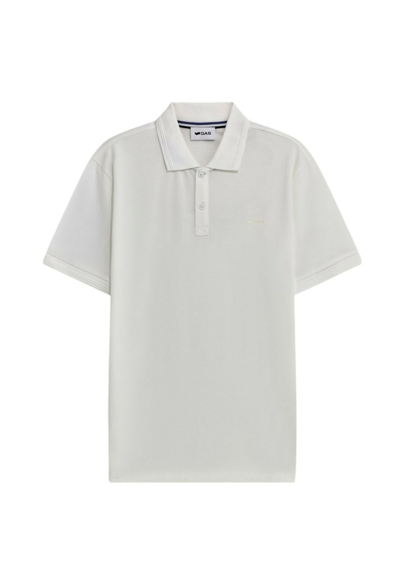 Polo shirt bianco in cotone con maniche corte, apertura a tre bottoni e un sottile logo sul petto. Tessuto liscio e design classico.
