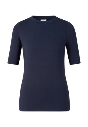 Marineblauw T-shirt met korte mouwen, ronde hals, slim fit en een effen ontwerp.