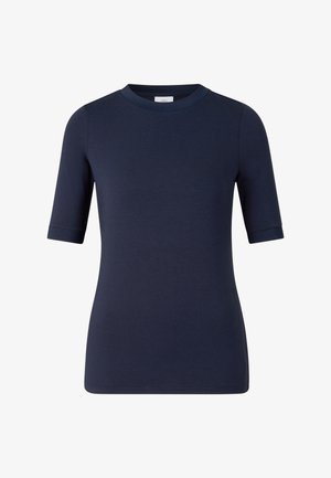 Marineblauw T-shirt met korte mouwen, ronde hals, slim fit en een effen ontwerp.