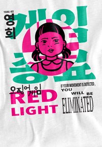 White t-shirt featuring bold graphic design with pink and teal text, circular illustration of a girl, and warning phrases in various fonts.