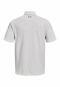 Harmaa polo-paita, jossa on teksturoitu kangas ja pieniä oransseja geometrisia kuvioita. Sisältää kauluksen ja lyhyet hihat. Under Armour -logo on esillä.