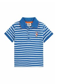 Modrá a biela pruhovaná polo košeľa s krátkymi rukávmi, golierom, dvoma gombíkmi a vyšívaným logom s homárom a textom.