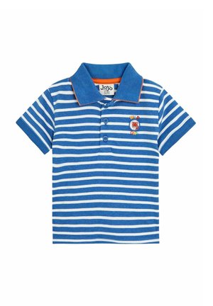 Blå-og-hvidstribet polo t-shirt med korte ærmer, en krave, to knapper og et broderet logo med en hummer og tekst.