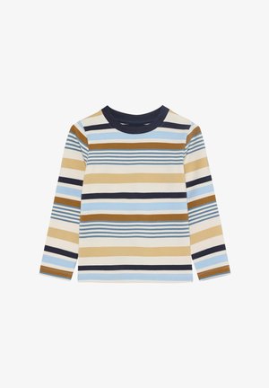 Koszula z długim rękawem w paski, przedstawiająca poziome linie w kolorach beżowym, jasnoniebieskim, granatowym i brązowym na kremowym tle; okrągły dekolt.