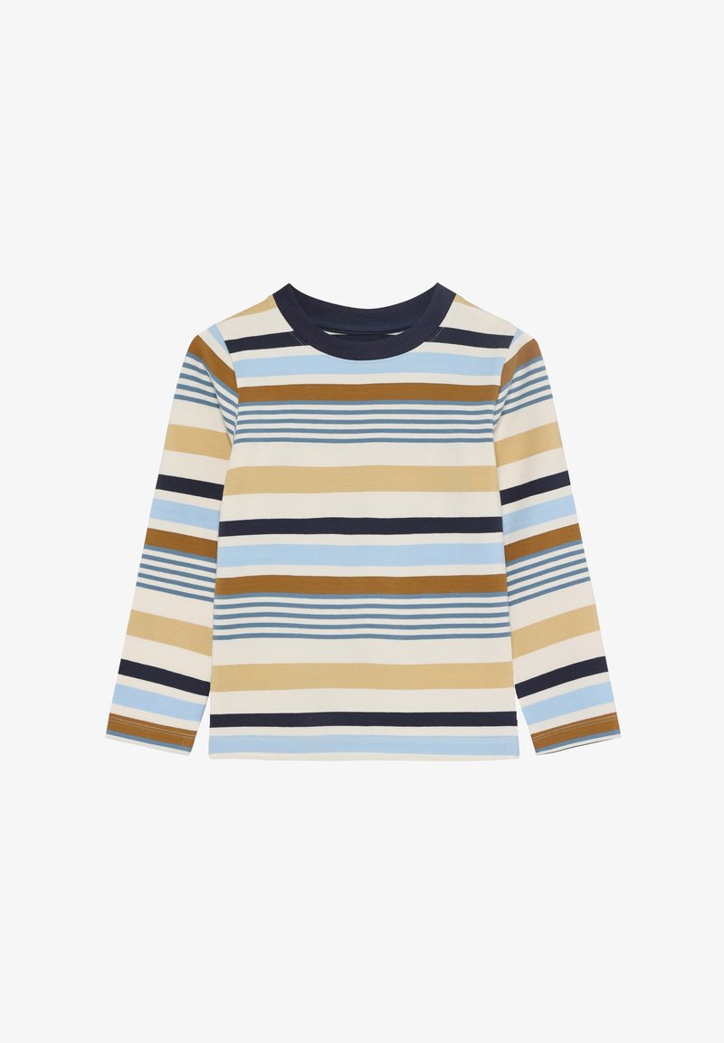 Langärmeliges gestreiftes Shirt mit horizontalen Linien in Beige, Hellblau, Marineblau und Braun auf cremefarbenem Hintergrund; rundhalsausschnitt.