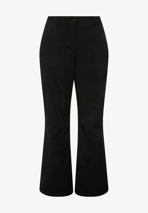 Czarne spodnie wykonane z lekkiego materiału. Posiadają prosty krój, pętelki na pasek, kieszenie zapinane na zamek z przodu oraz gładką teksturę.