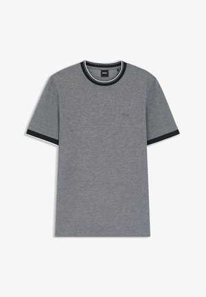 Grey t-shirt with a round neckline and short sleeves, featuring a black and white striped trim. Subtle textured fabric and a small logo detail.