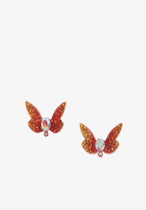Rot-orange Schmetterlingsohrringe, geschmückt mit funkelschimmernden Kristallen, die ein zentrales schimmerndes Edelstein und goldfarbene Akzente aufweisen.