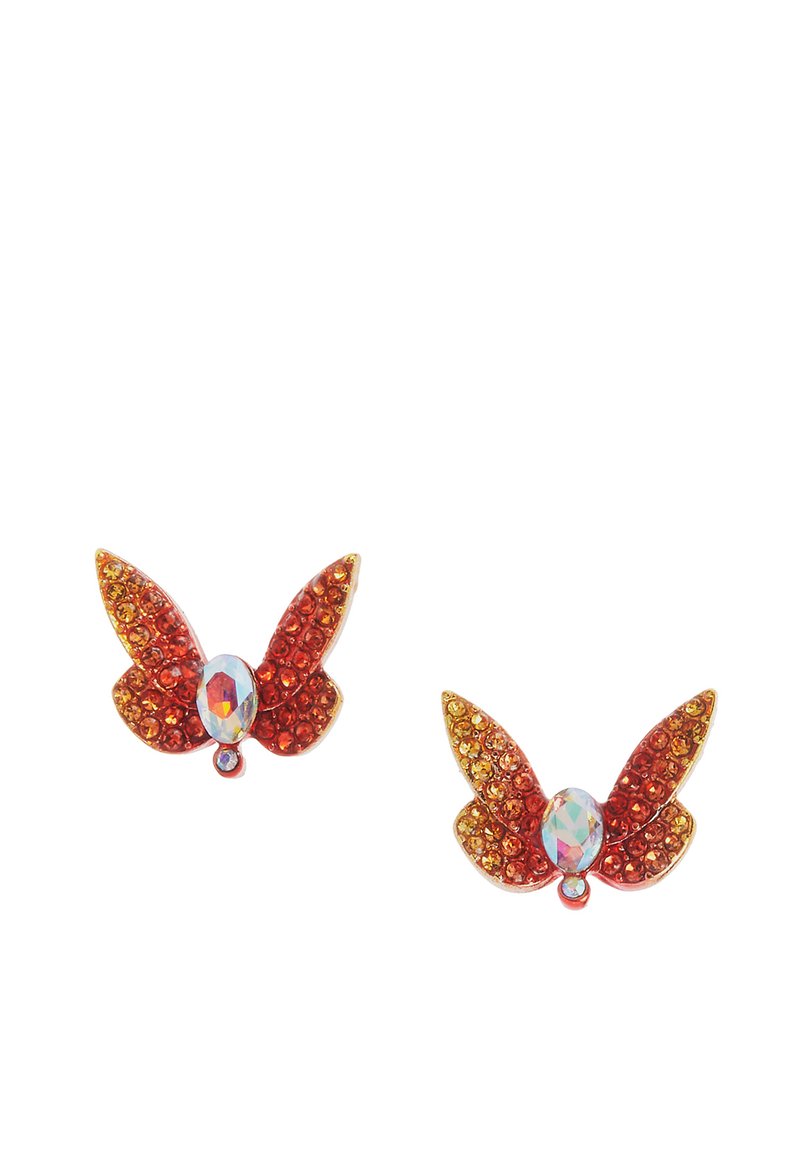 Orecchini a forma di farfalla rossi e arancioni decorati con cristalli scintillanti, con un gemma iridescente centrale e dettagli color oro.