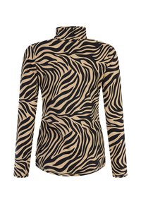 Maglietta a maniche lunghe con un motivo a strisce zebra nero e beige, design a collo alto e silhouette aderente, realizzata in tessuto elasticizzato.
