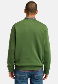 Felpa verde con collo a rotondo e polsini a coste, indossata sopra una camicia a quadri. Presenta una superficie liscia e una vestibilità casual.