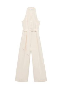 Jumpsuit crème avec un décolleté en V profond, des boutons sur le devant, un design à jambes larges et une ceinture assortie pour une silhouette cintrée.