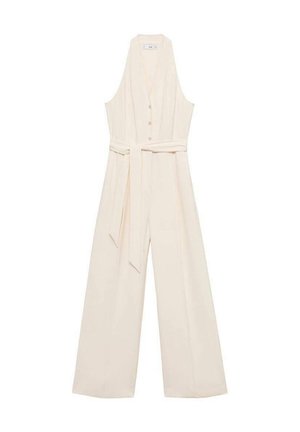 Salopetă crem cu decolteu adânc în V, închidere cu nasturi, design cu pantaloni largi și o centură asortată pentru un siluetă elegantă.