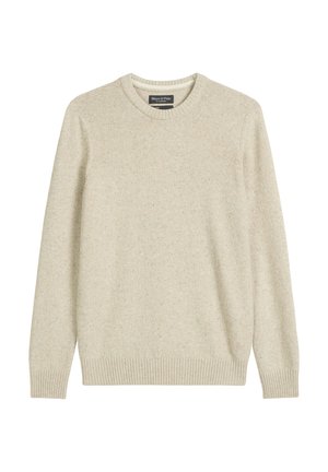 Beige gestrickter Pullover mit rundem Halsausschnitt, langen Ärmeln und gerippten Bündchen. Besitzt eine subtile Textur mit Farbklecksen durchgehend.