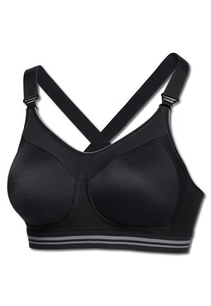 Soutien-gorge de sport noir avec des bretelles croisées dans le dos, tissu lisse, bonnets moulés et une large bande avec des rayures grises en bas.