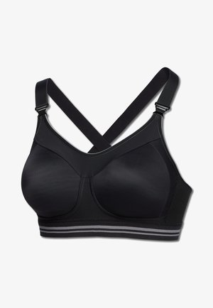 Soutien-gorge de sport noir avec des bretelles croisées dans le dos, tissu lisse, bonnets moulés et une large bande avec des rayures grises en bas.