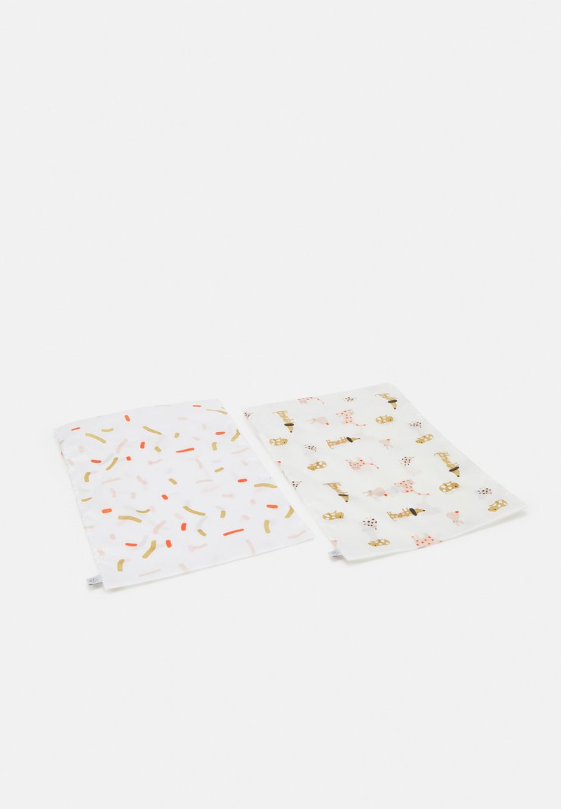 Two cotton kitchen towels: one features a random pattern of orange, pink, and gold shapes, and the other has a light, repeating design of colorful elements.