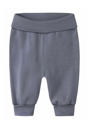 Grijze katoenen joggingbroek met een brede, zachte tailleband, geribde boorden en een gladde textuur. Eenvoudig ontwerp zonder zichtbare patronen of versieringen.