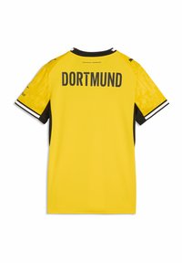 Κίτρινη και μαύρη φανέλα ποδοσφαίρου της Borussia Dortmund με το κείμενο "DORTMUND" στην πλάτη και κοντά μανίκια με άσπρη και μαύρη επένδυση.