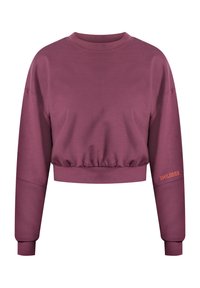 Maglia corta in mauve scuro, realizzata in un tessuto morbido con orlo arricciato, con logo arancione sulla manica sinistra.