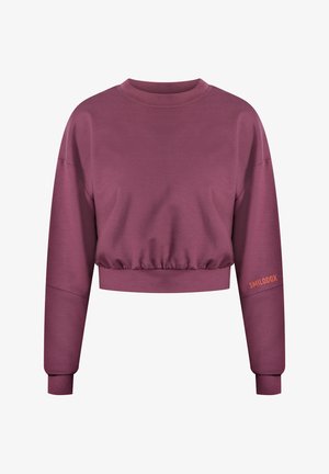 Gerades Sweatshirt in dunklem Mauve, aus weichem Stoff mit gerafftem Saum, mit orangefarbenem Branding auf dem linken Ärmel.