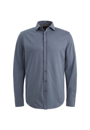 Langärmliges Hemd aus weichem, blauem Stoff. Es verfügt über einen klassischen Kragen, eine Knopfleiste und ein aufgesticktes Logo auf der Brust.