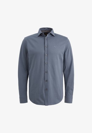 Overhemd met lange mouwen in zachte blauwe stof. Voorzien van een klassieke kraag, knoopsluiting en een geborduurd logo op de borst.